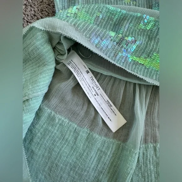 TWINSET Milano NWT Sequin Mesh Bow Tank Top Blouse Mint Green, Party, Sparkle S‍ - Picture 3 of 11